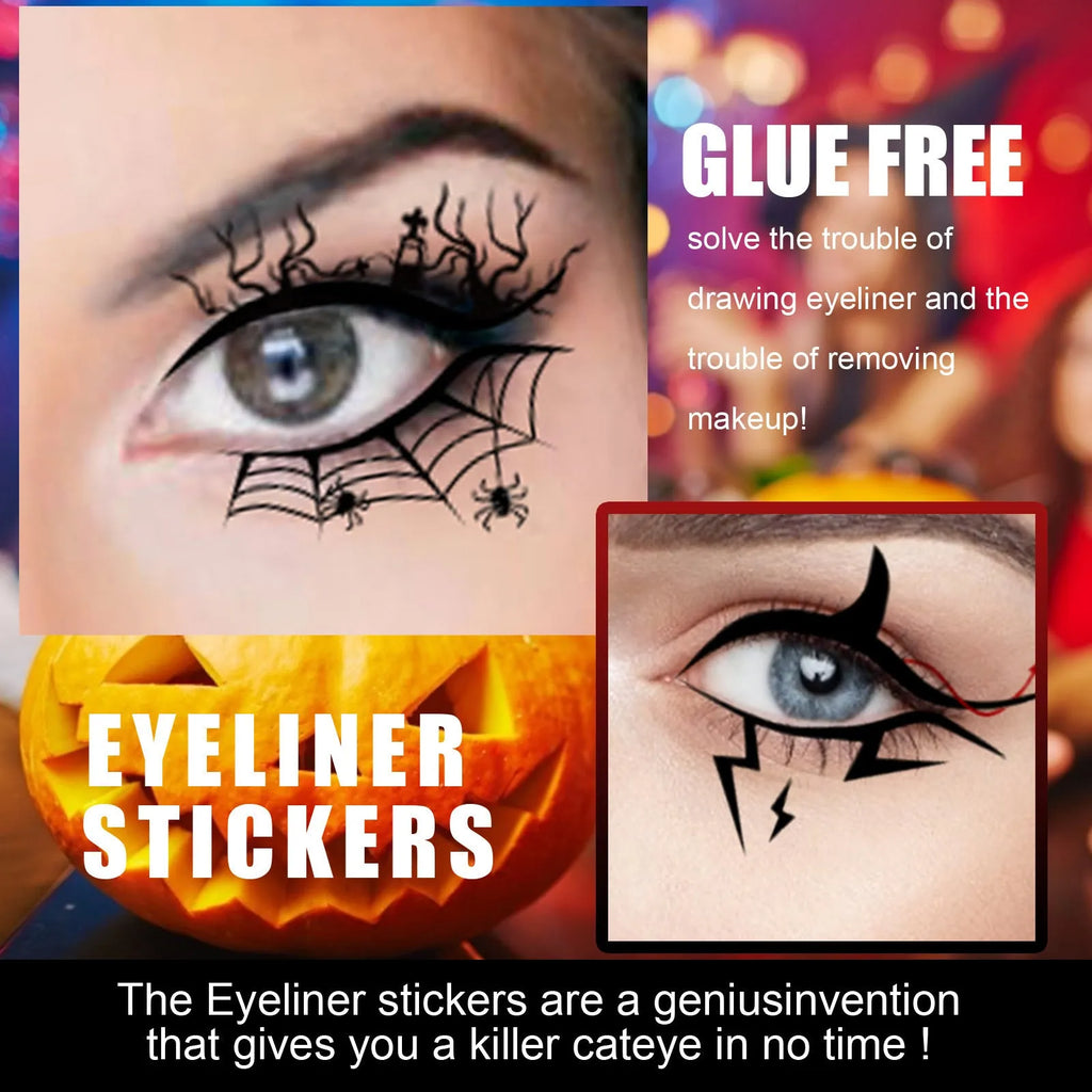 Eight pairs of bat and spider design eyeliner stickers for decorative Halloween makeup