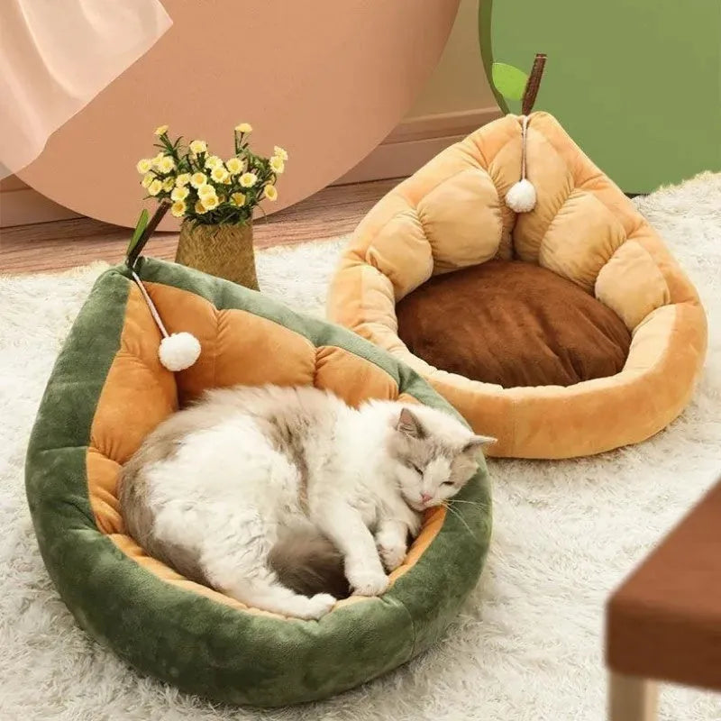 Oval pet bed with cotton cover and raised sides in coffee colour, shown with small cat