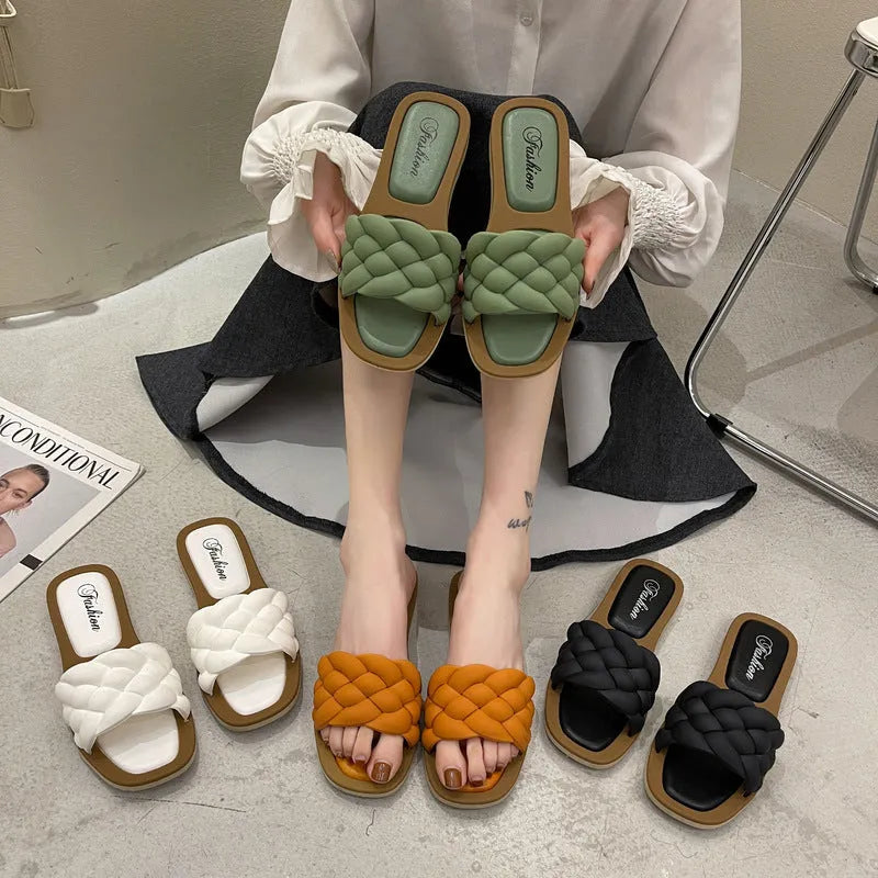 Women's plaid pattern beach sandals with anti-skid thick PVC soles in four colour options