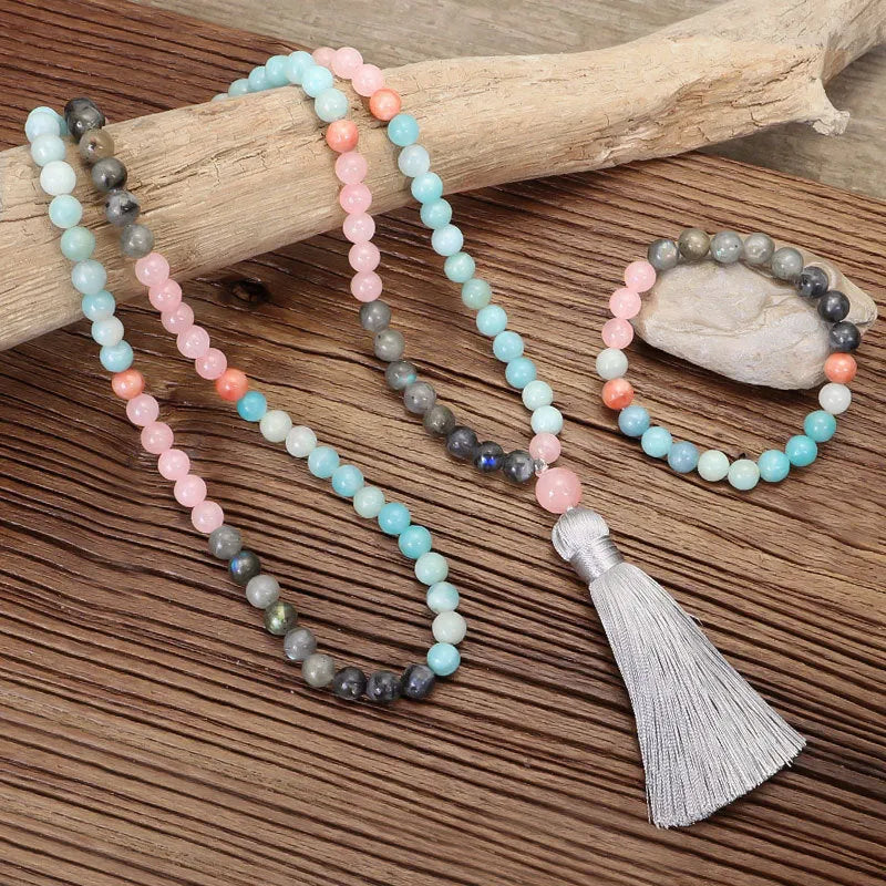 Bohemian style necklace and bracelet set with colourful stone drop pendants and tassel accents