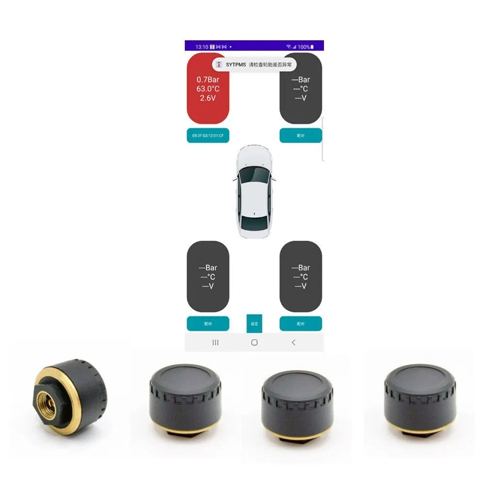 Black Bluetooth tyre pressure monitoring system with four units for car wheels and mobile app display