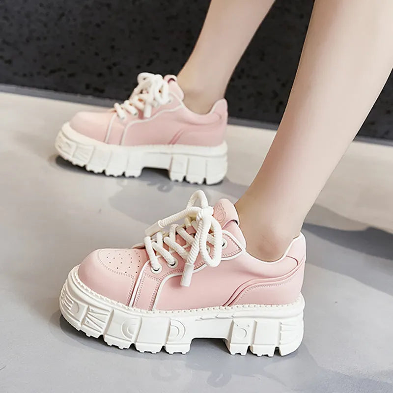 Spring muffin bottom casual leather shoes in beige and pink with height increasing sole