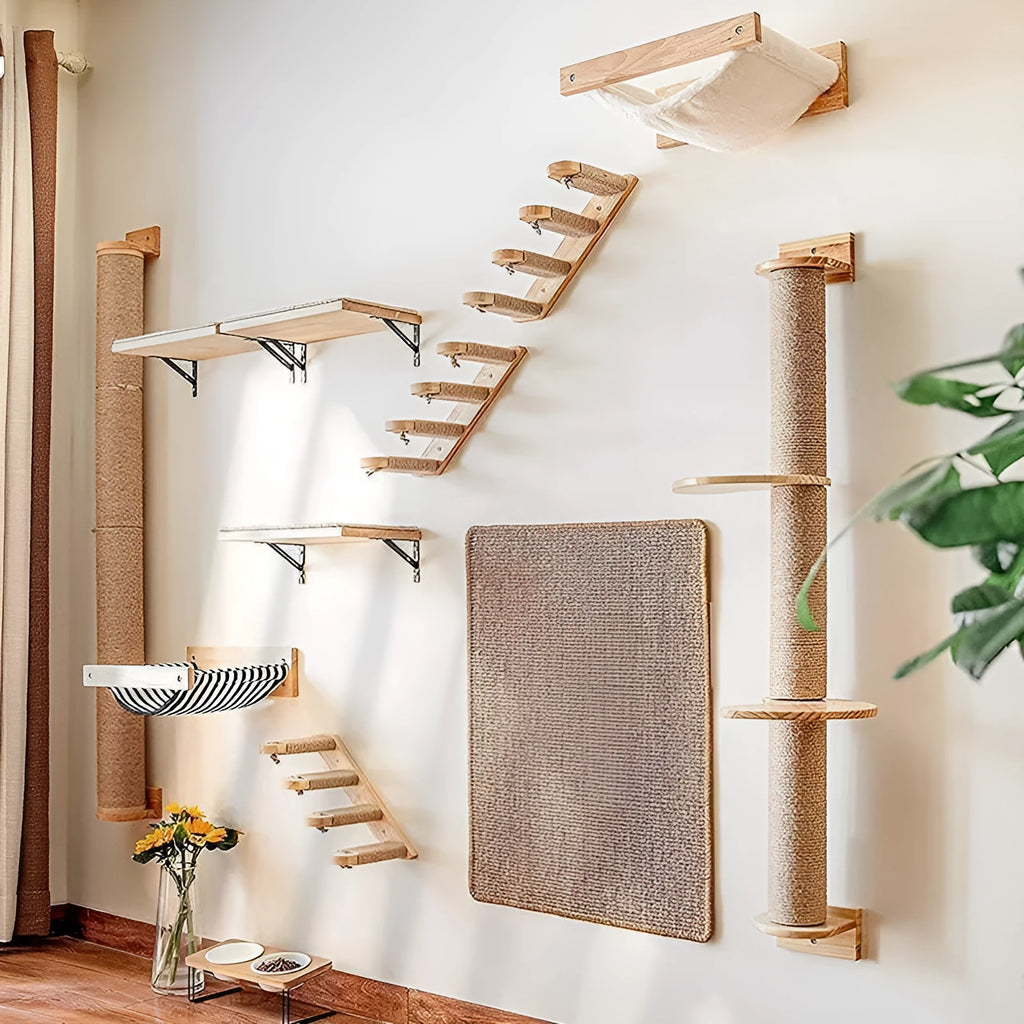 Wooden cat climbing frame mounted on wall with natural wood colour finish