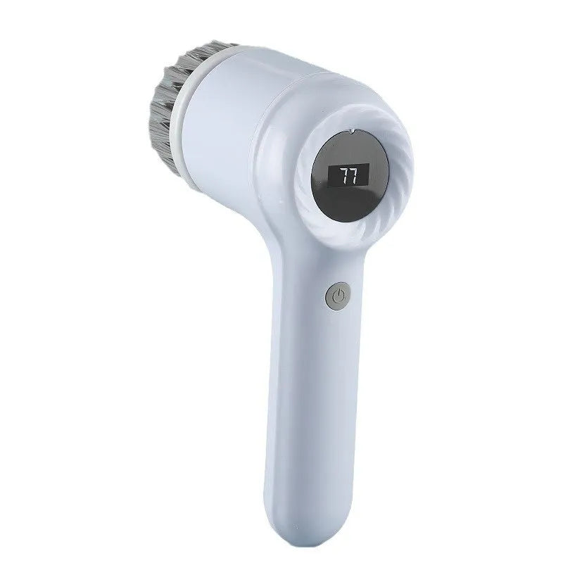 USB rechargeable electric cleaning brush in light grey or purple colour with multiple brush heads.