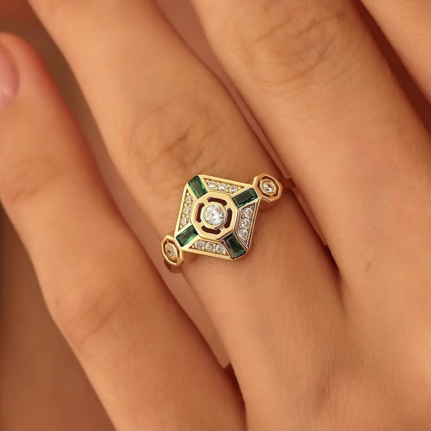 Women's geometric square ring with green zircon stones in Ins style design