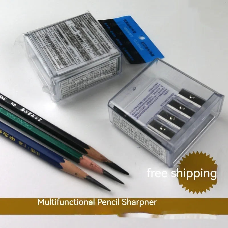 Geometric shaped plastic pencil sharpener with four distinct sharpening holes.