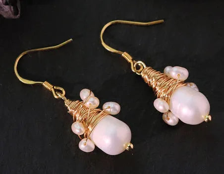 Natural pearl embellished wire-wrapped earrings handmade geometric round white for women
