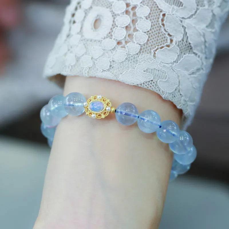 Women's aquamarine Fengjiu DIY bracelet with pink crystal fastening, Chinese style design