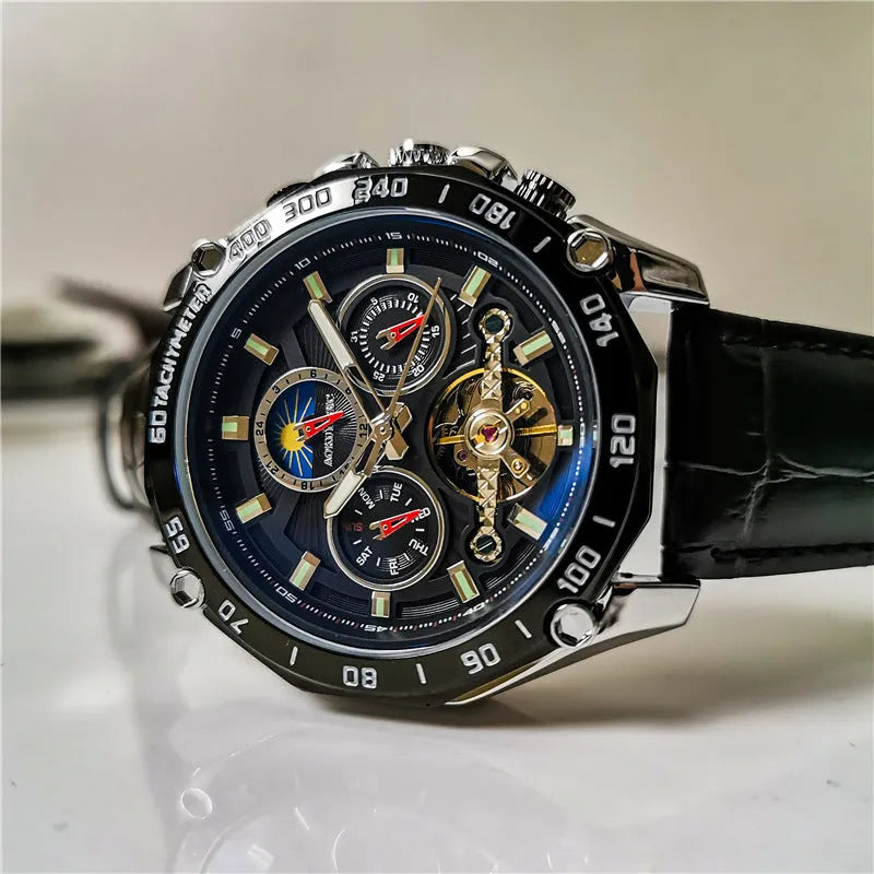 Men's automatic mechanical watch on wrist showing silver metal case and black dial.