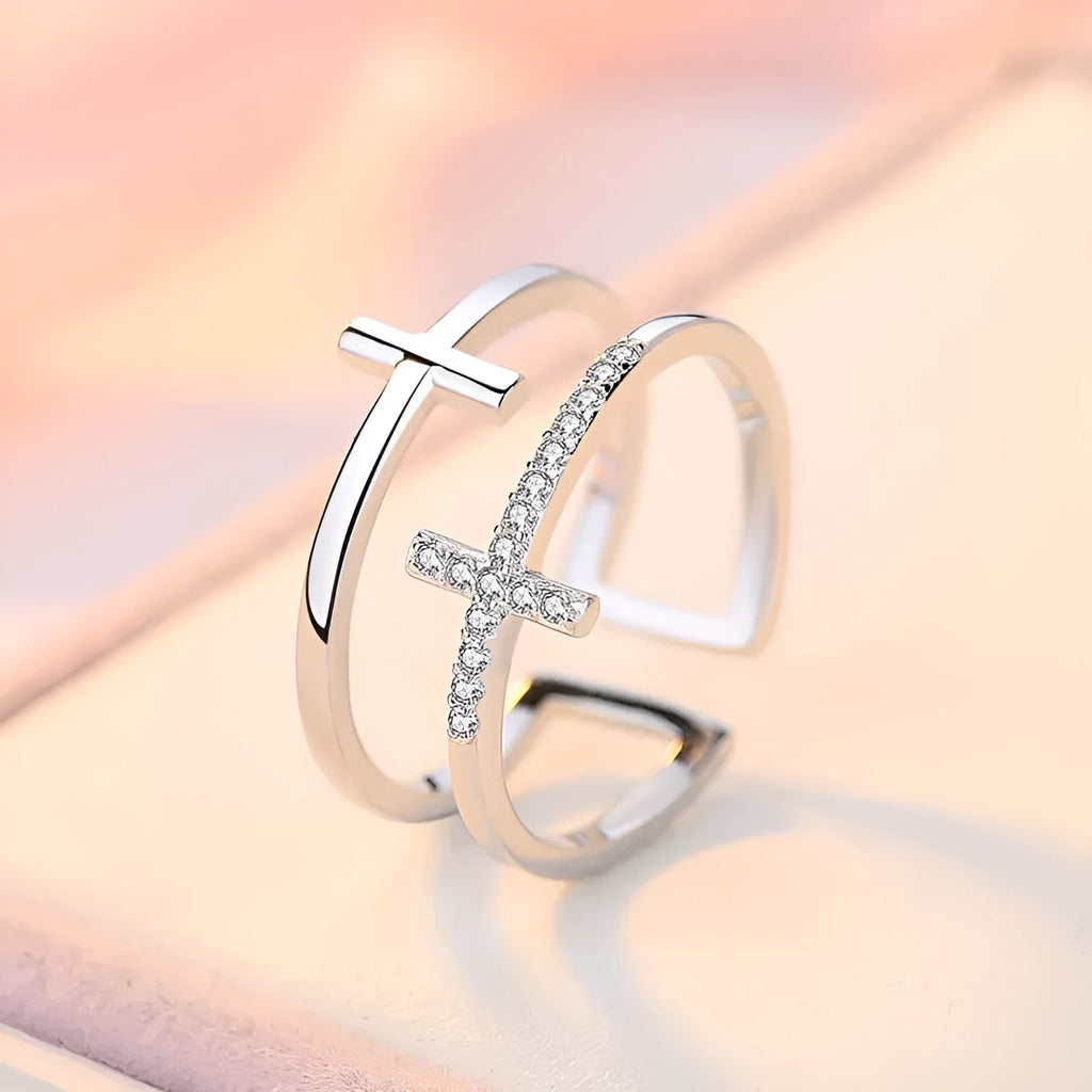 Women's adjustable double cross ring with miniature zircon stone in gold plating