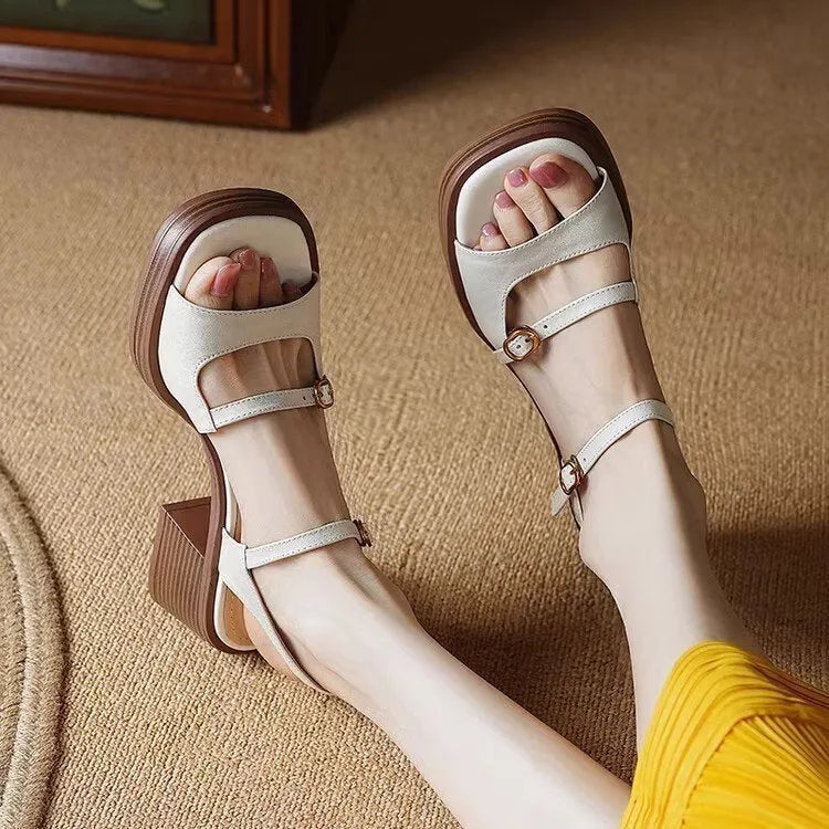 Women's open toe square toe retro platform sandals in milky white and brown colours.