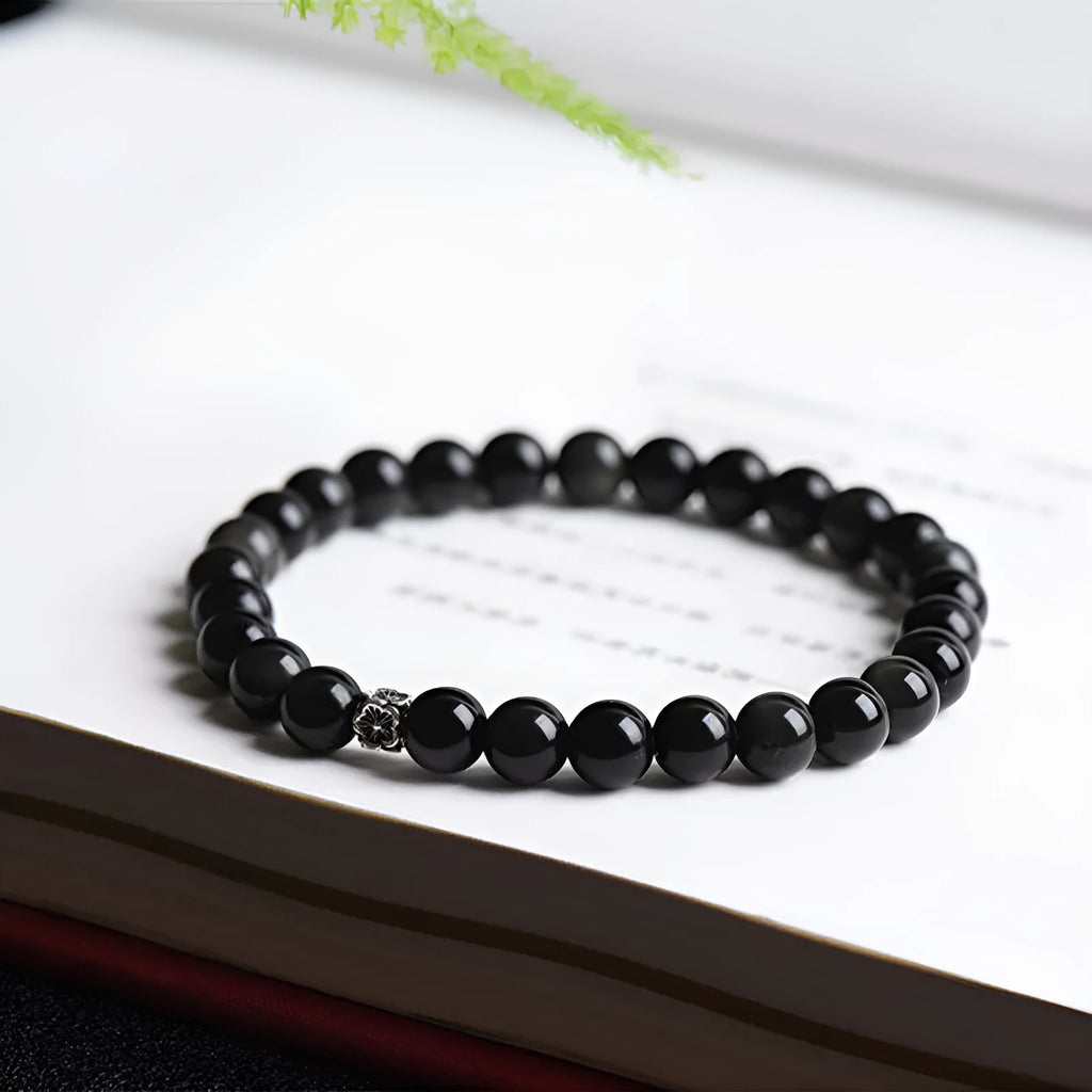 Natural black obsidian bracelet with S925 silver flower accessories and constellation dragon phoenix decorations