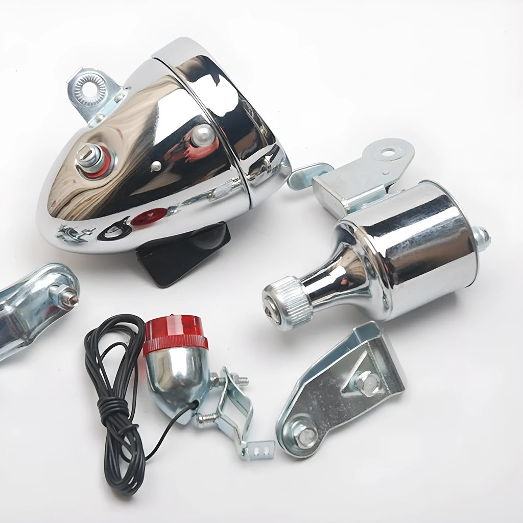 Bicycle generator light modification kit with dynamo unit and wiring for friction-powered illumination