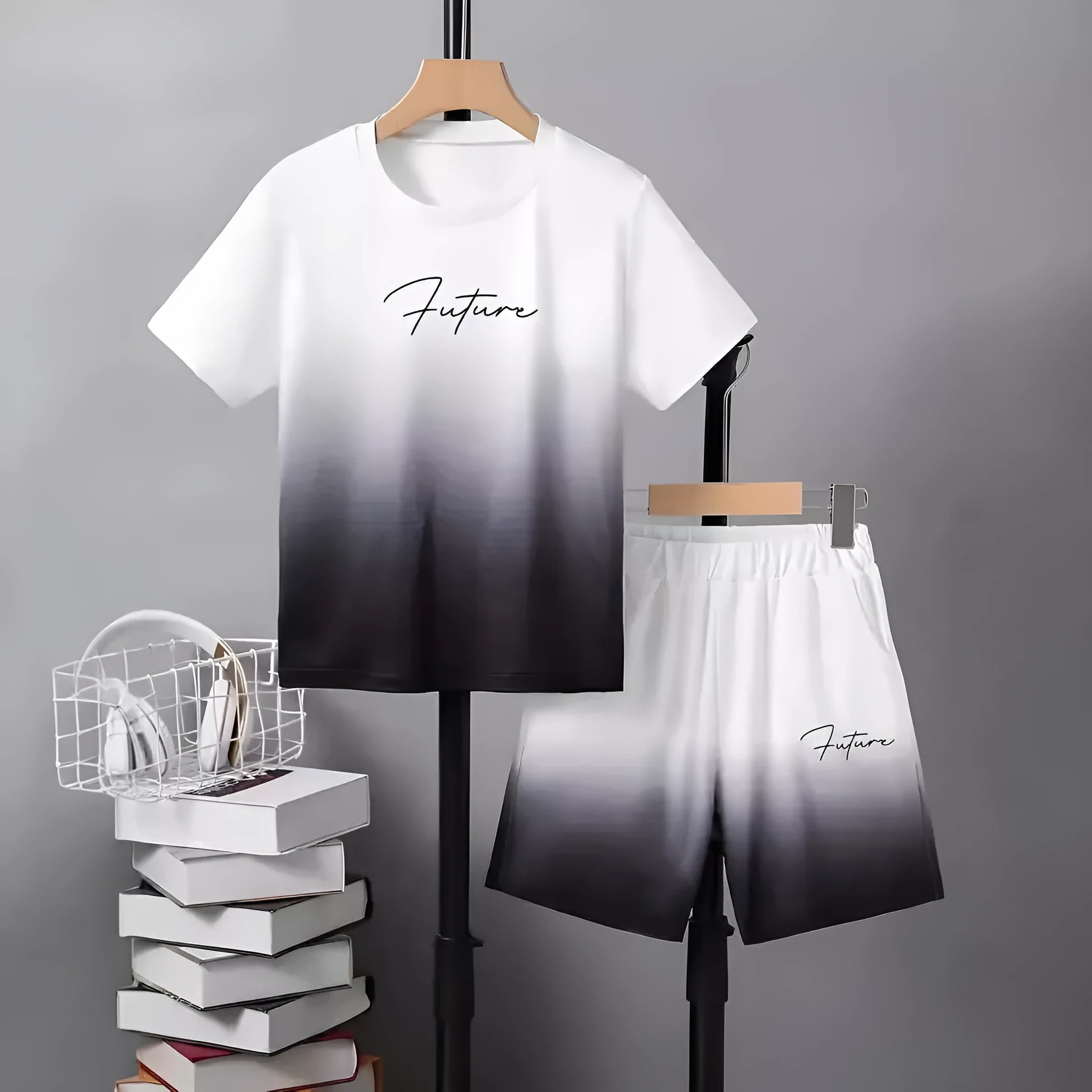 Boys casual summer cotton blend short sleeve T-shirt and shorts two-piece set with cartoon pattern