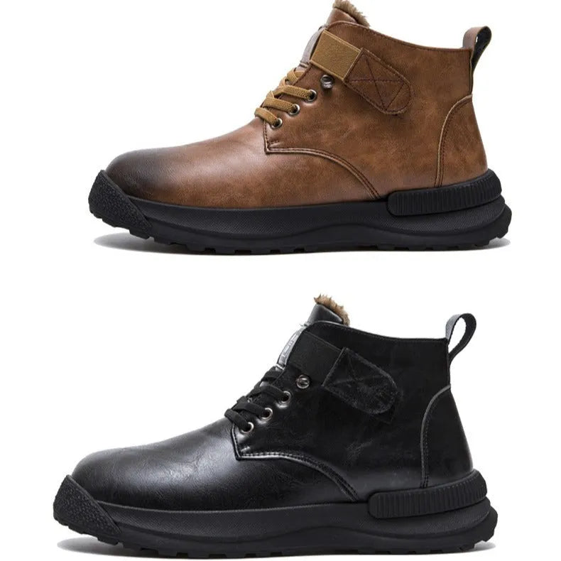 Men's black Martin platform boots with high-top design and velvet PU upper.