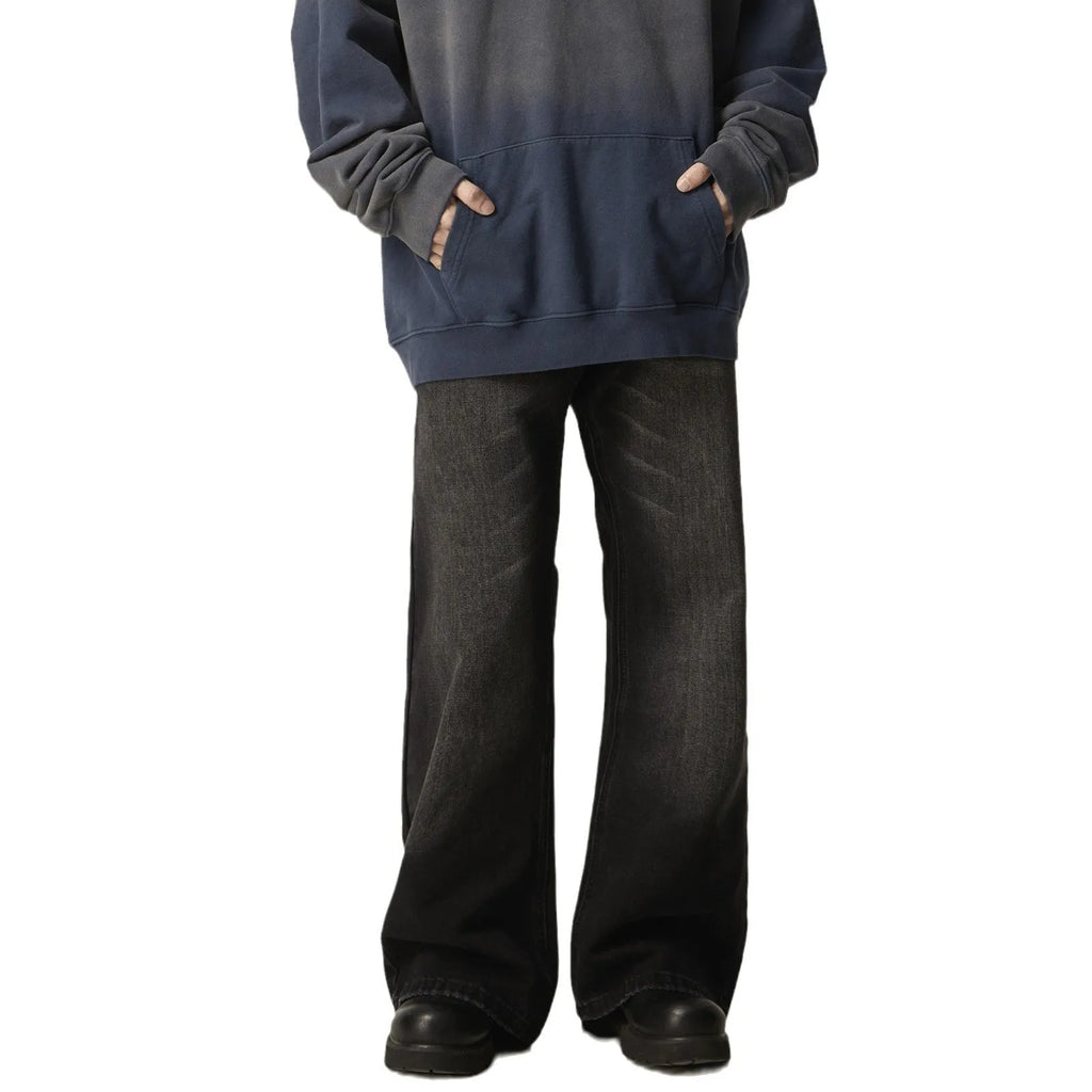 Black loose straight leg jeans with American retro styling and zipper fly front.