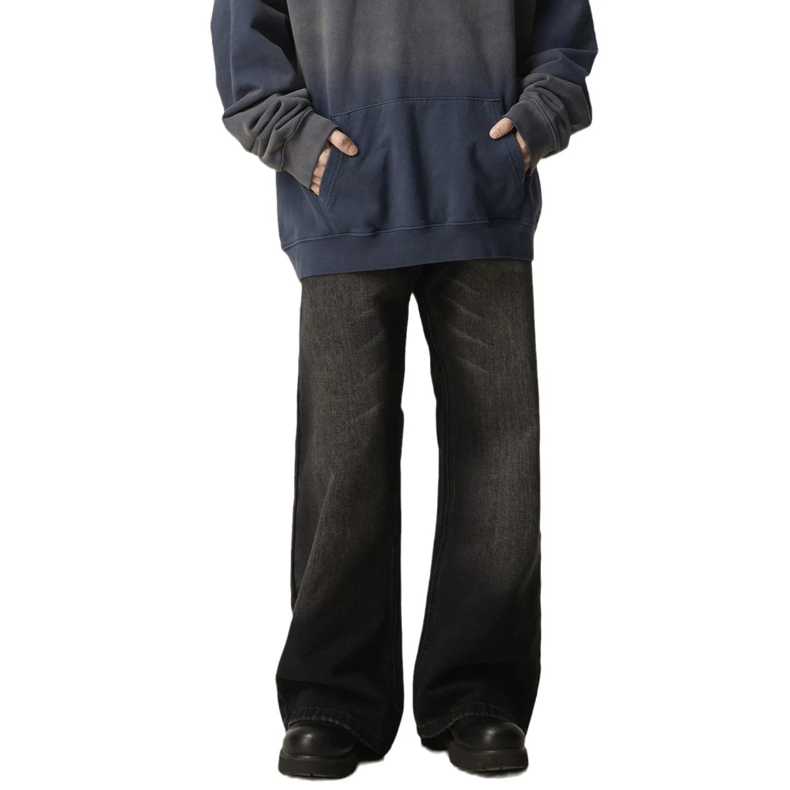 Black loose straight leg jeans with American retro styling and zipper fly front.