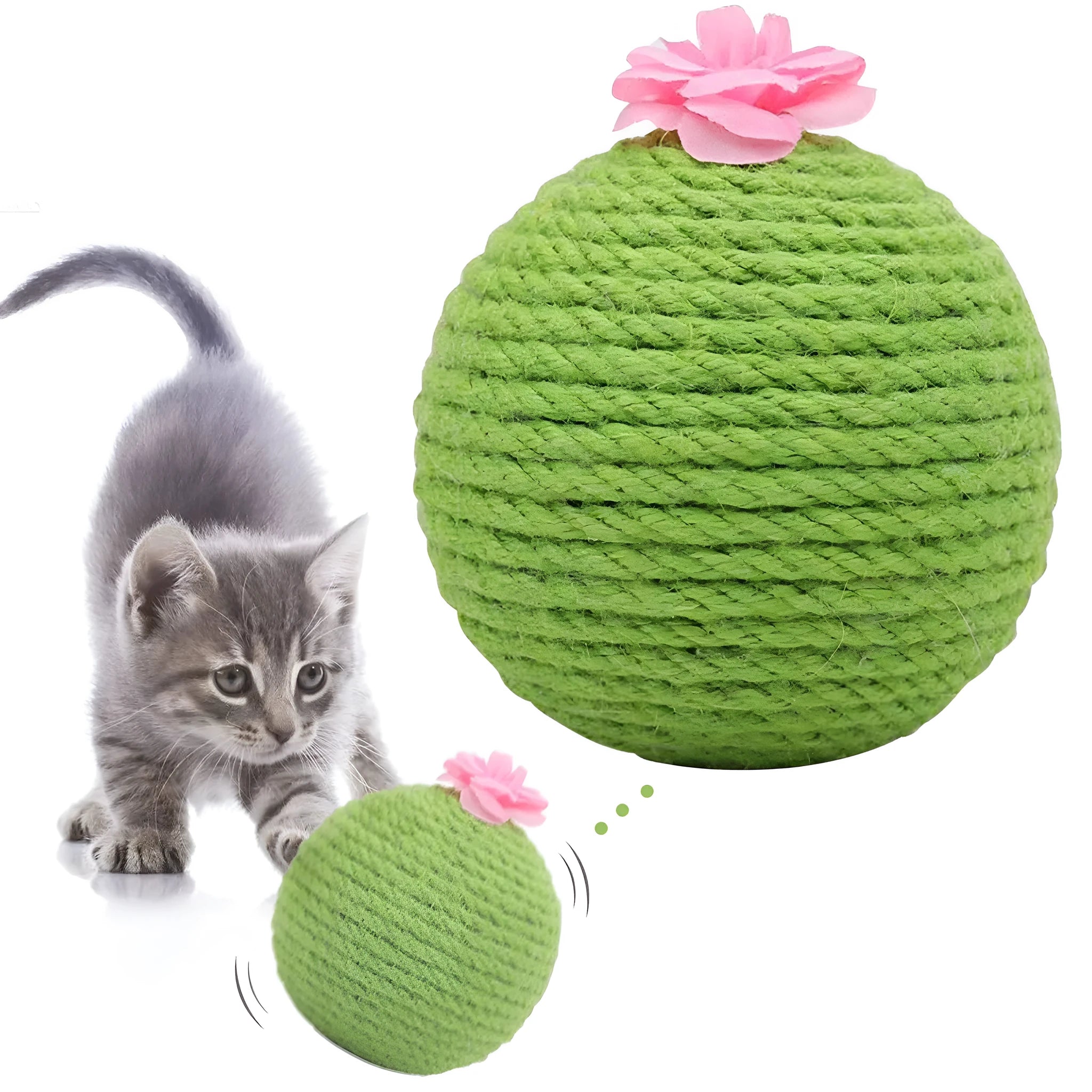 Green cactus-shaped cat toy with a sisal scratching post and a rocking tumbler ball on a weighted base.