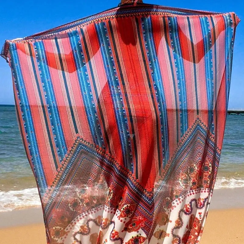 Women's three-piece swimsuit set showing cutout sleeveless blouse, high-waisted briefs, and matching swim coat