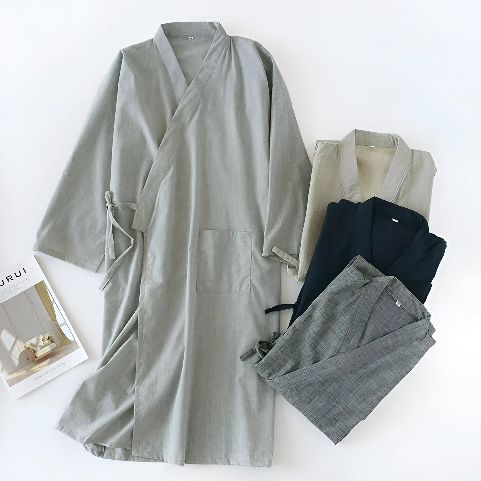 Men's woven cotton grey gauze mid-length nightgown home bathrobe summer lounging wear