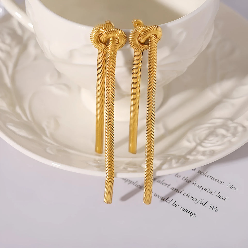 Gold electroplated titanium steel necklace with tassel pendant and matching earrings set