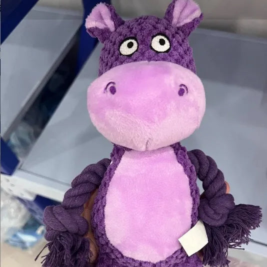 Hippo-coloured plush rope dog toy for interactive tug-of-war and training.