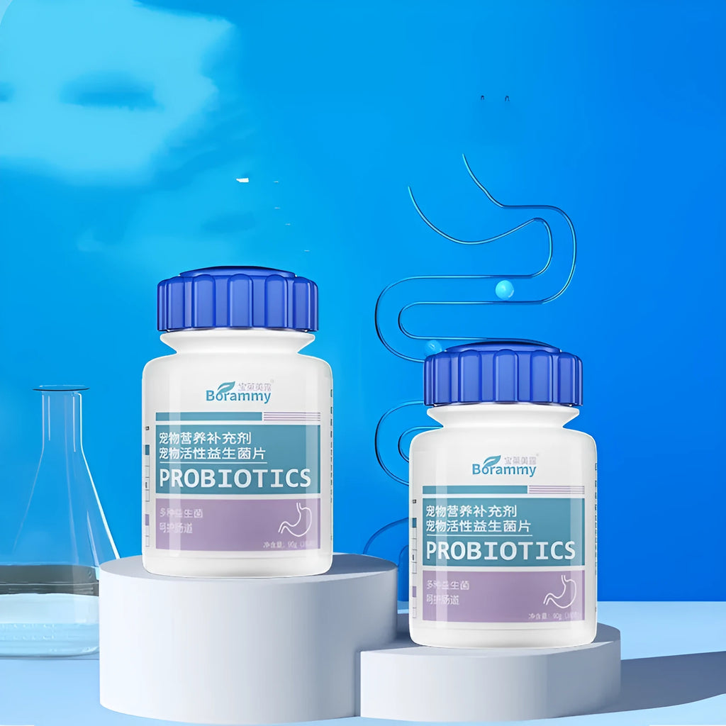 Bottle of 180 pet probiotic tablets for dog and cat digestive health.