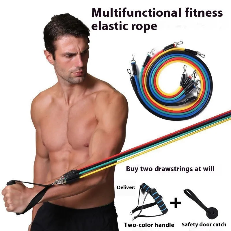 Black ABS door pull-up bar kit with adjustable rope and multiple hooks laid out for home gym setup.