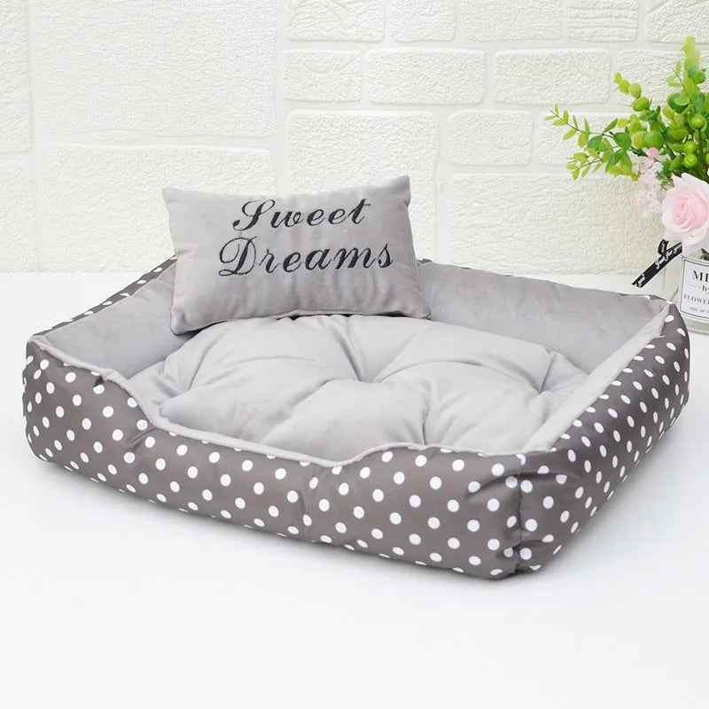 Polka dot printed dog bed with square pillow in rose red, lake blue, pink, or grey colour options