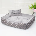 Polka dot printed dog bed with square pillow in rose red, lake blue, pink, or grey colour options