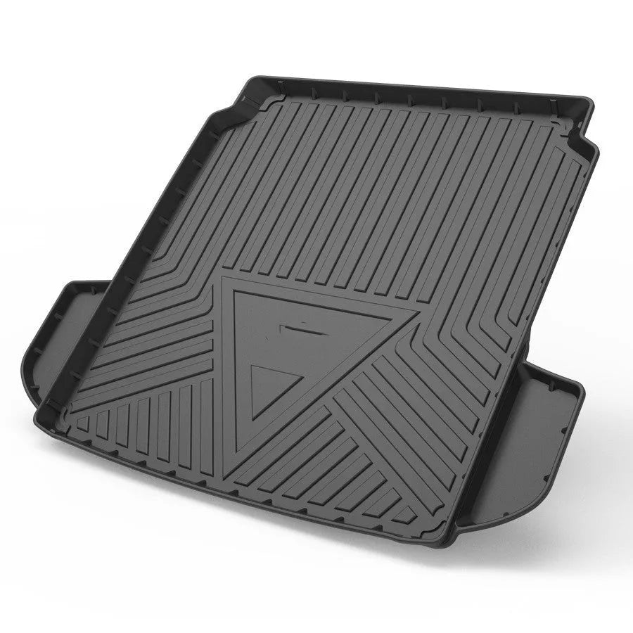 Black carbon fibre pattern TPE boot liner mat for car tailbox protection.