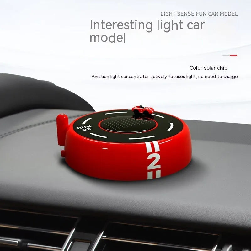 Solar-powered round car aromatherapy decoration with LED lights in black, red, and white colour options