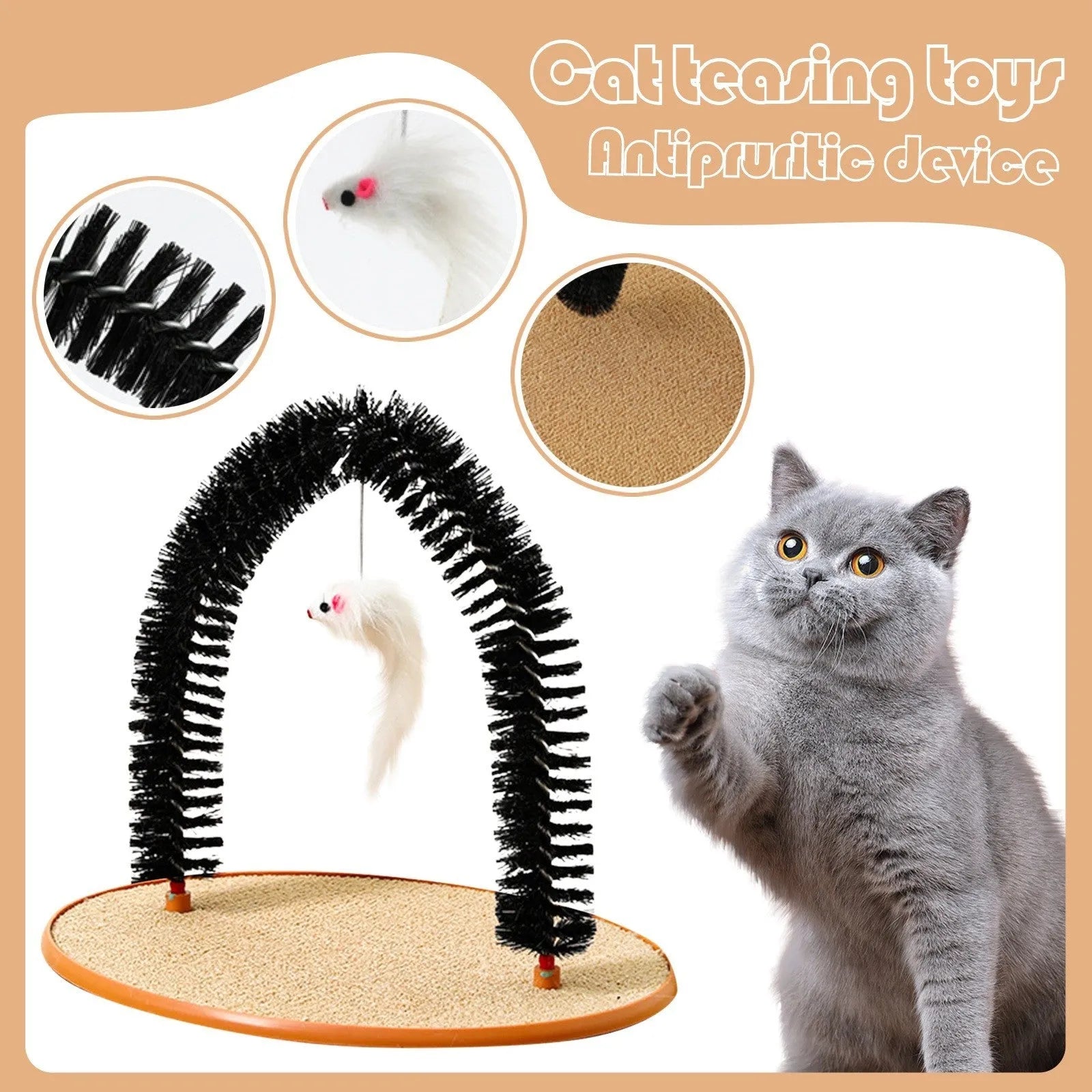 Black arch-shaped cat grooming brush with scratching surfaces and attached plush mouse toy on non-slip base