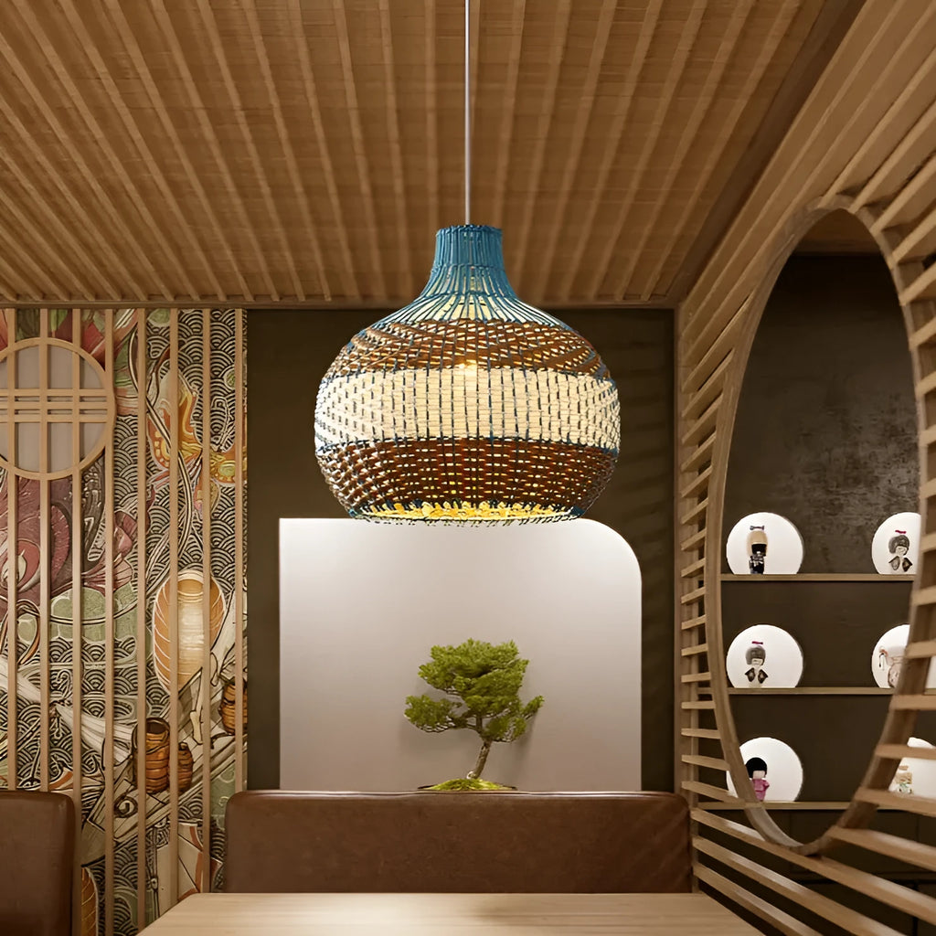 Vine woven pendant lamp in pastoral Southeast Asian style with warm LED lighting