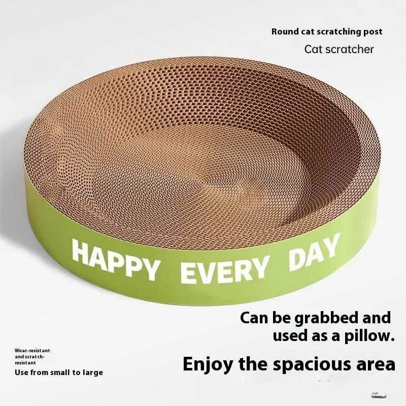 Green round-shaped cat scratching board and nest bed, showing simple style.