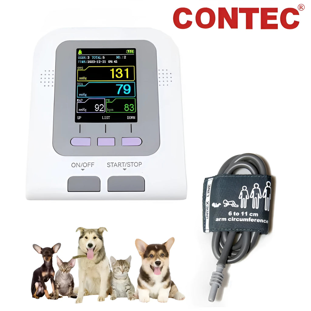 CONTEC08A Vet digital blood pressure monitor with colour screen and animal cuff on a table.