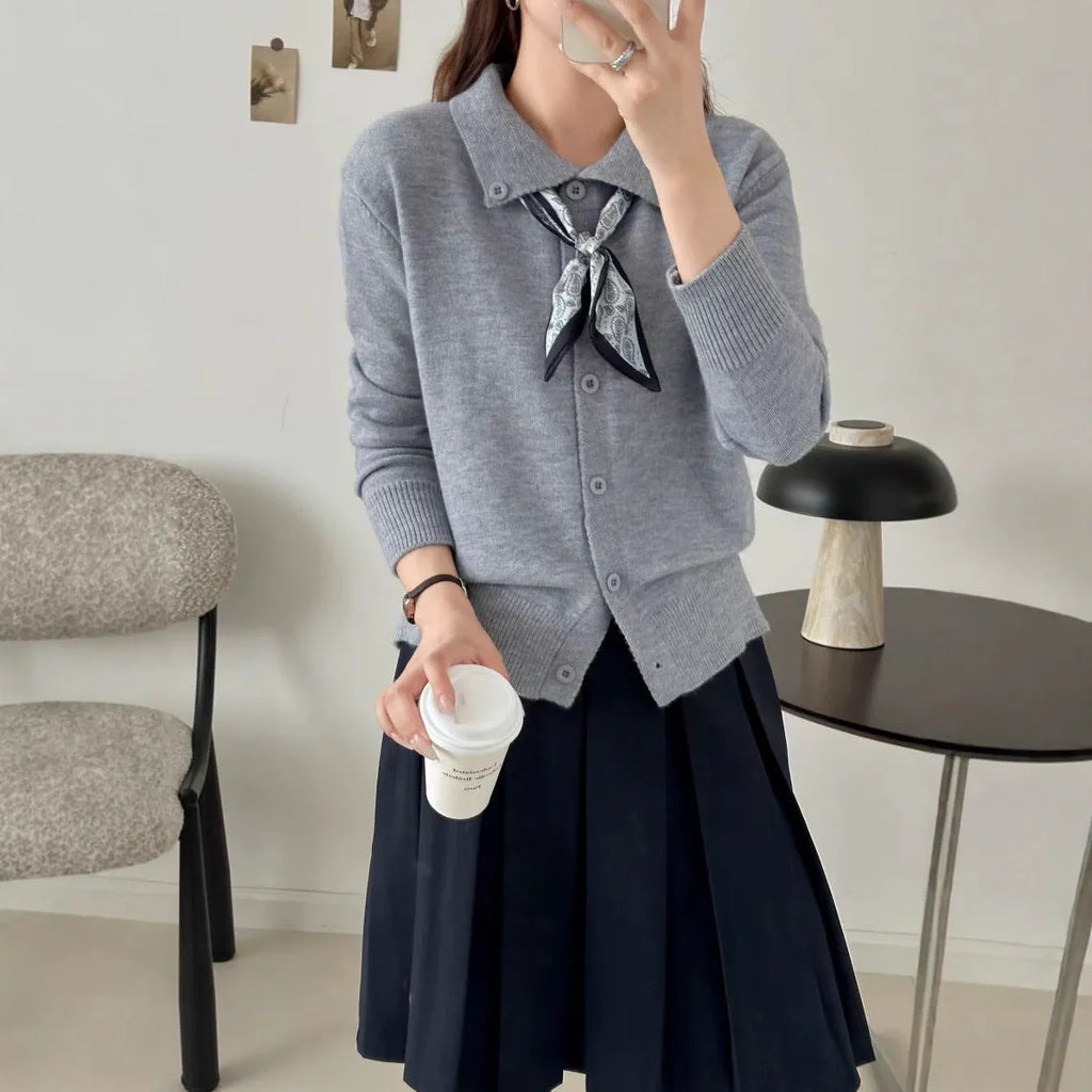 Lapel scarf cardigan sweater in acrylic fibre, shown in milky white colour.