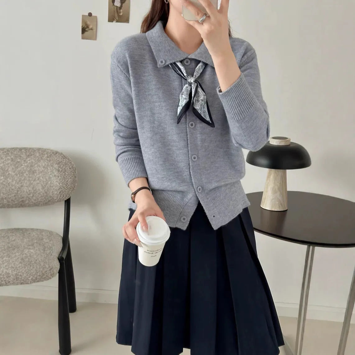 Lapel scarf cardigan sweater in acrylic fibre, shown in milky white colour.