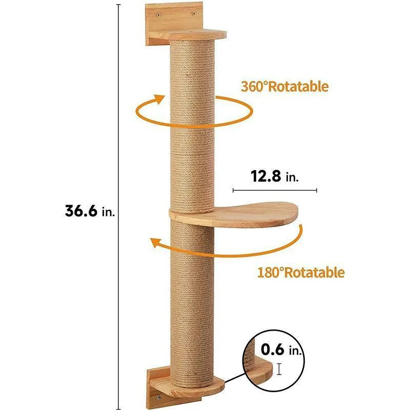 Wooden cat climbing frame mounted on wall with natural wood colour finish