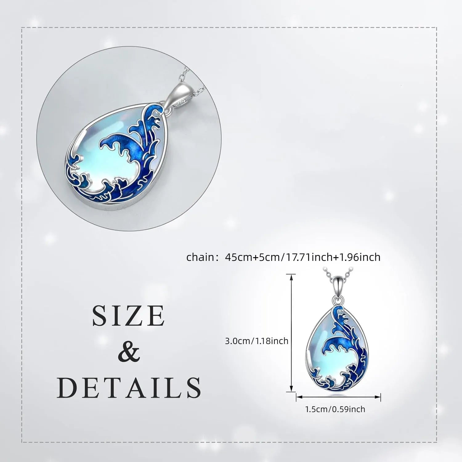 Close-up of a moonstone blue heart-shaped alloy pendant on a necklace chain.