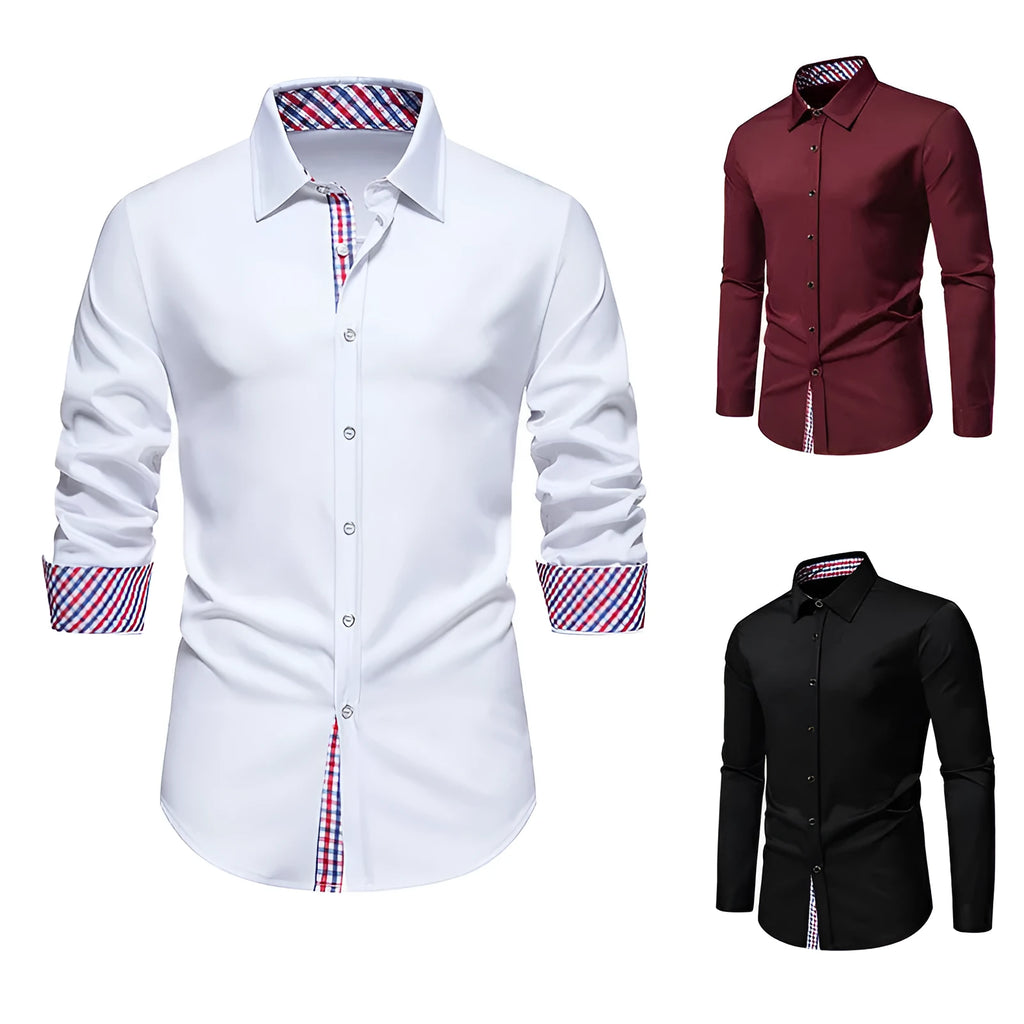 Men's loose fit plaid long sleeve casual shirt in wine red, black, or white.