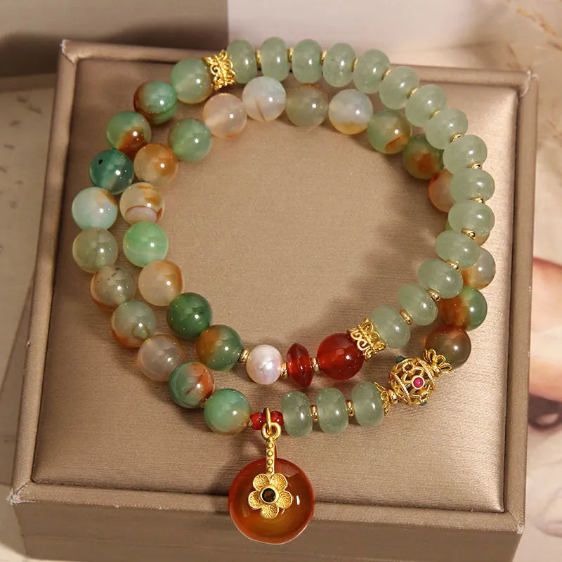 Peacock green agate double ring bracelet for women with alloy safety buckle pendant and rhinestones