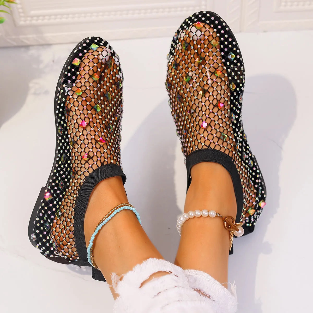Women's colourful mesh flat sandals with rhinestone decoration and rubber sole