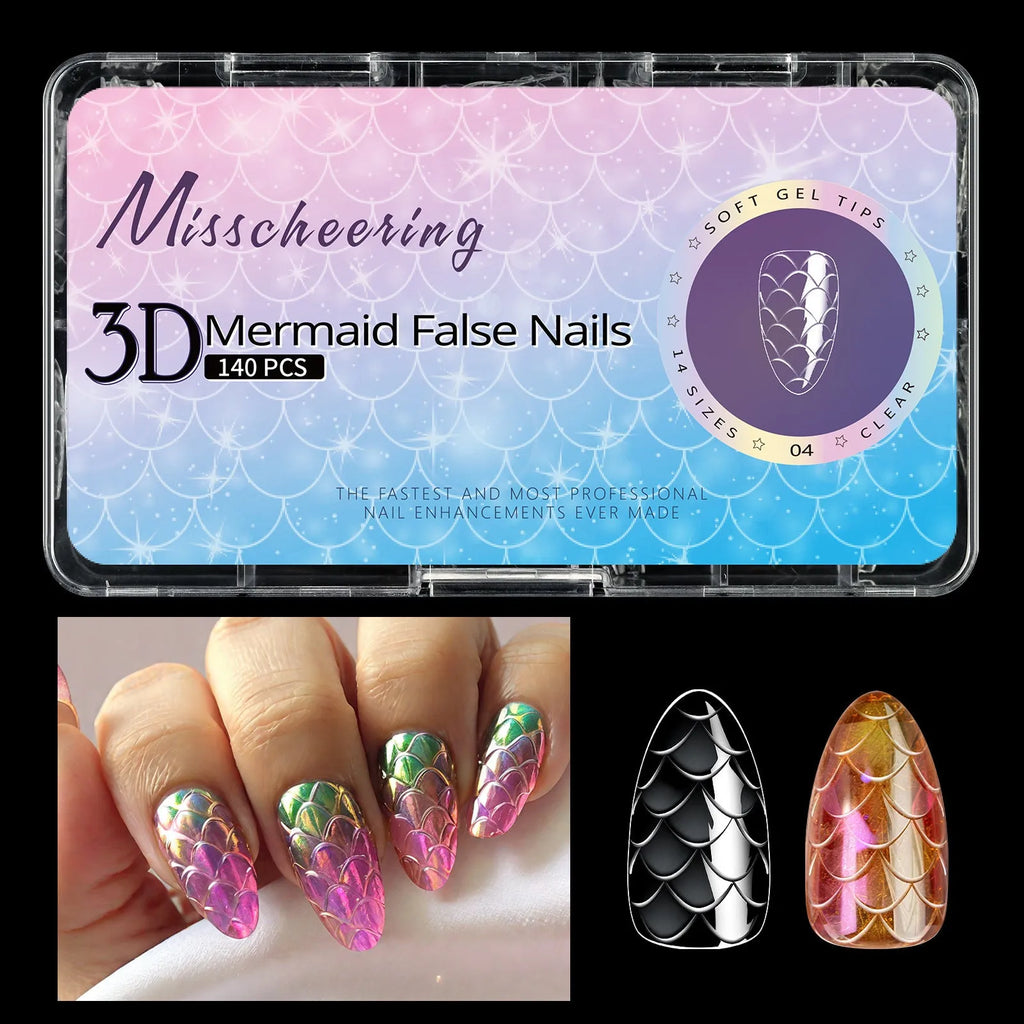 Box of 3D scale long shaping artificial nail tips for manicures.