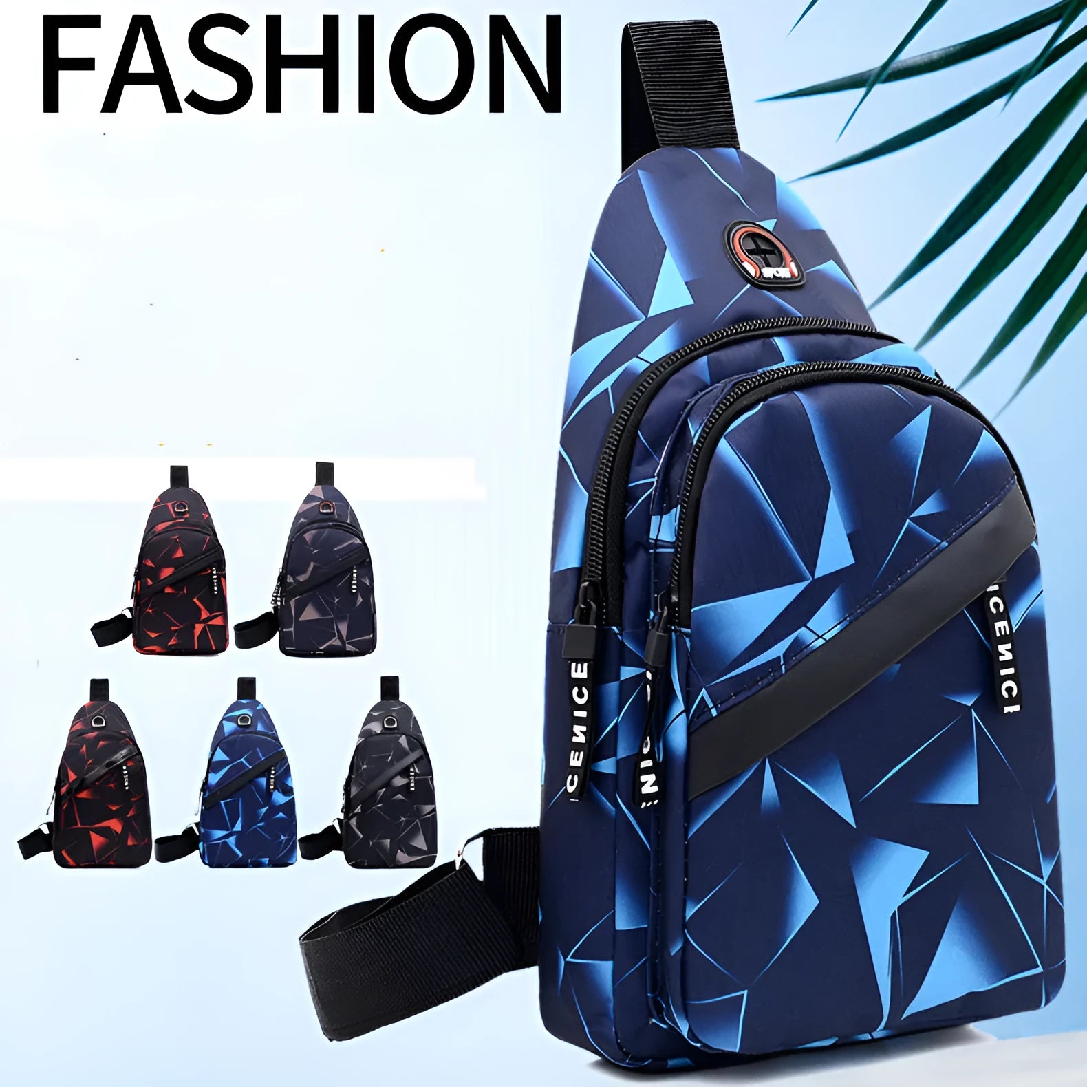 Medium blue crossbody chest bag for men with a visible earphone hole and zipper opening.