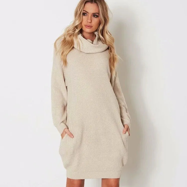 Women's lapel collar pullover sweater with side pockets in loose slimming mid-length fit