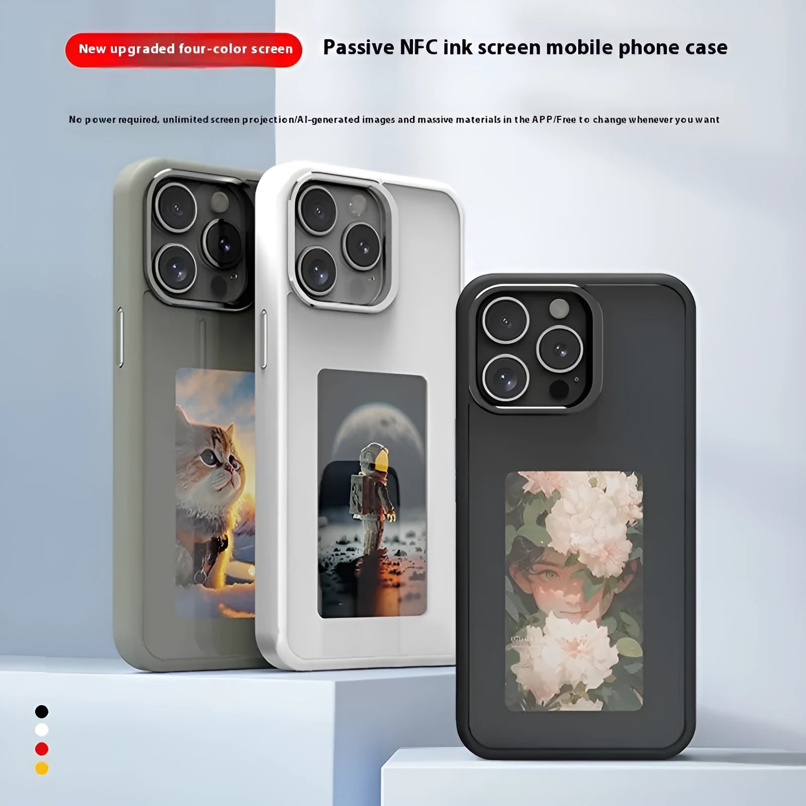 Graphite black TPU phone case for iPhone with NFC projection screen and four-colour E-ink display bracket.