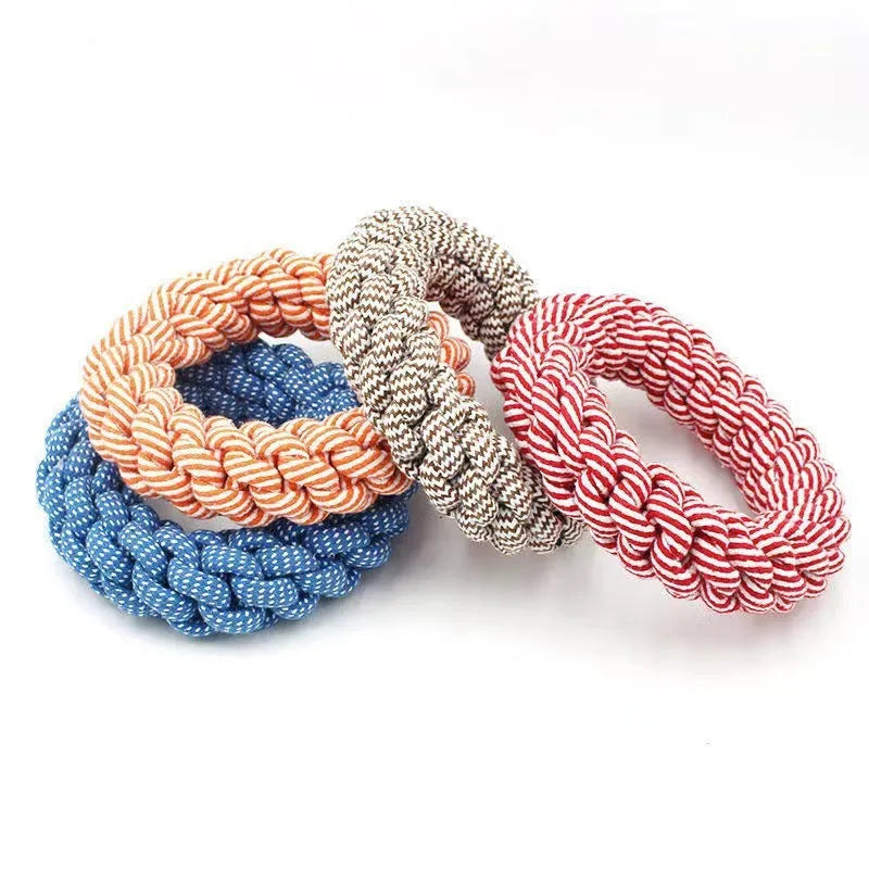 18cm diameter cotton braided ring pet toy in random colour with textured knot design