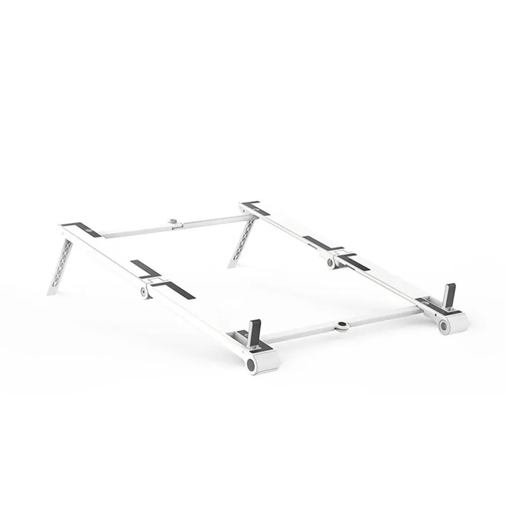 Grey multifunctional laptop stand with seven-shaped silicone grip on a flat surface