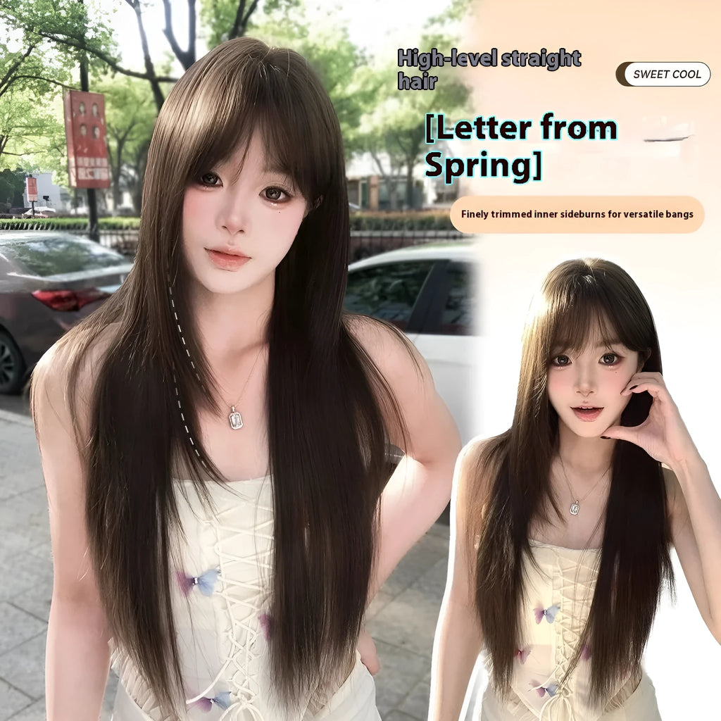 Brown black ladies wig with black tea simulation effect and high-temperature fibre hair material